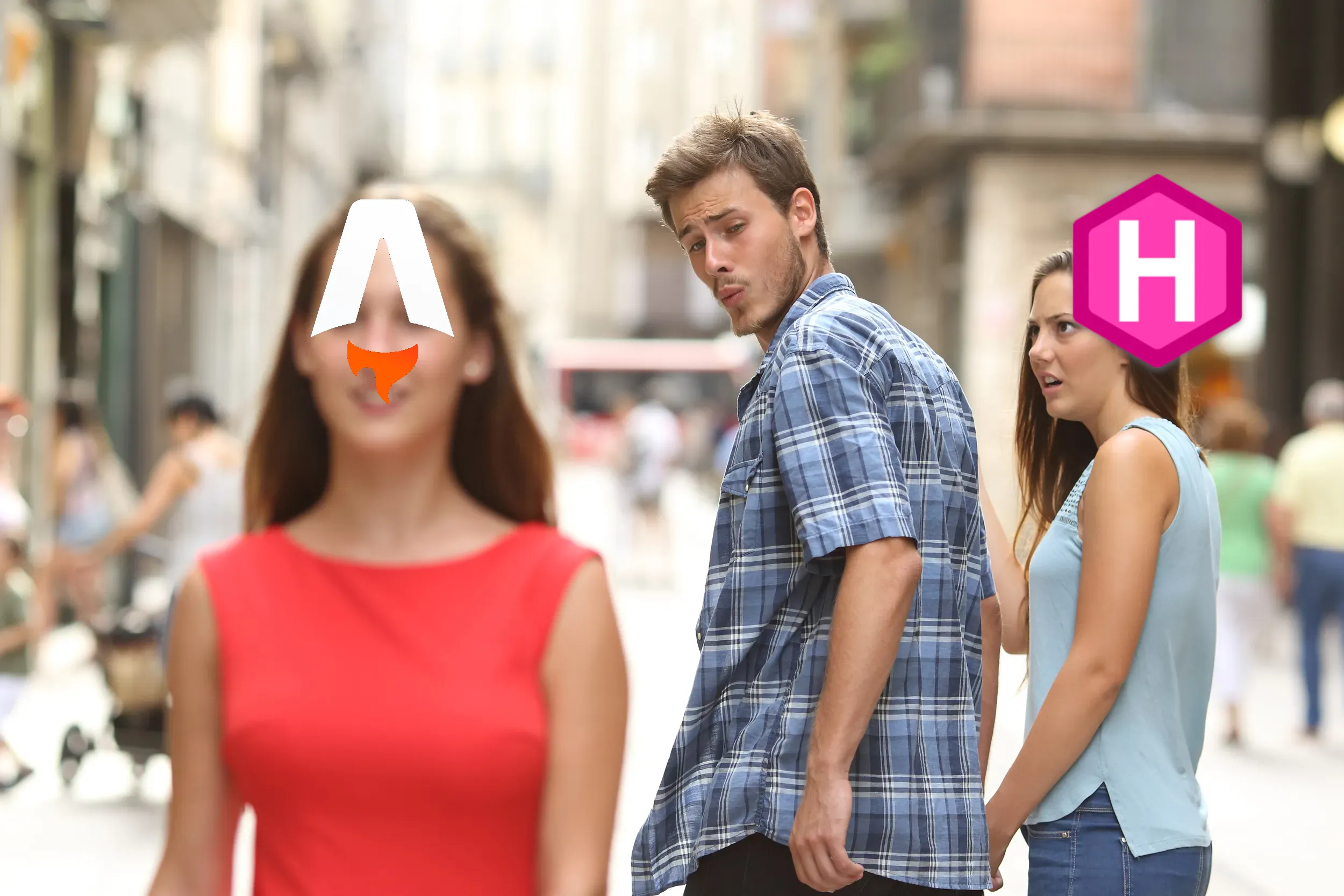 The distracted boyfriend meme, but with Hugo, Astro, and myself.